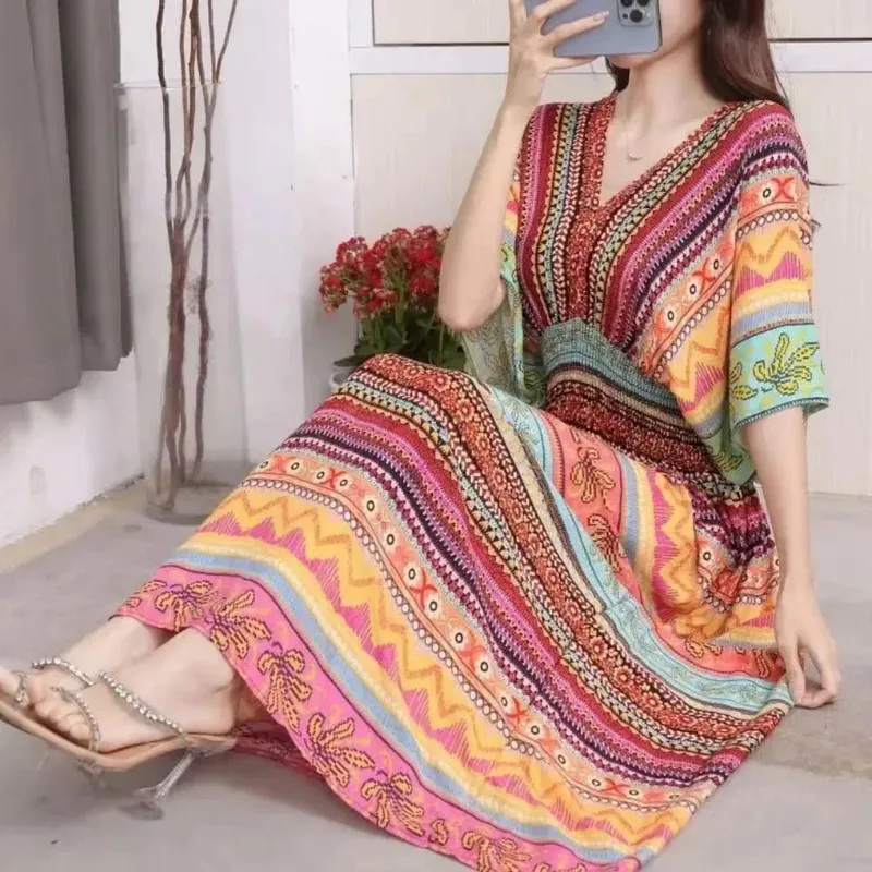 Casual Elegant Retro Bohemian National Style V-neck Elastic Waist Large Swing Printed Summer Long Skirt Woman Dress Clothes