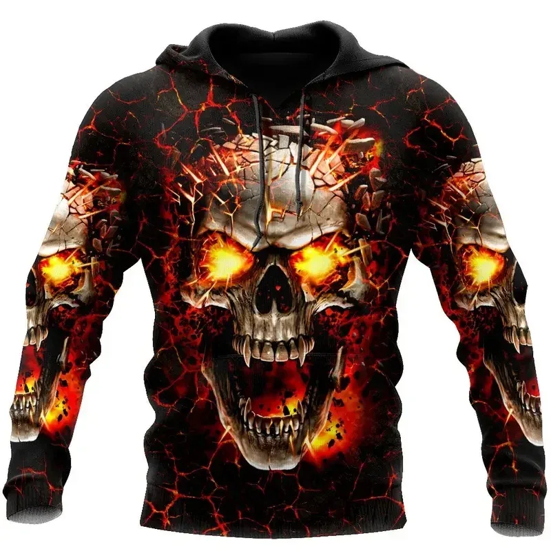 Men Hoodies 3D Print Horror Flaming Skull Graphic Fashion New Style Casual Pullover Personality Oversize Men Clothing Tops