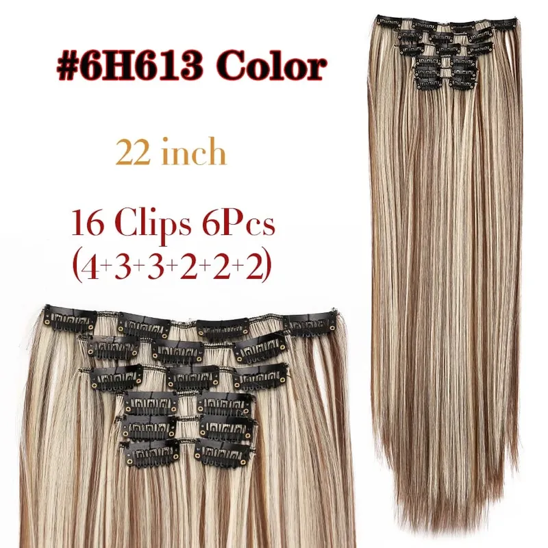 Black Clip In Extensions Straight 22" Long Synthetic Thick Clips On Hair Piece For Women 6Pcs/Set Curly Full Head Weddings Daily