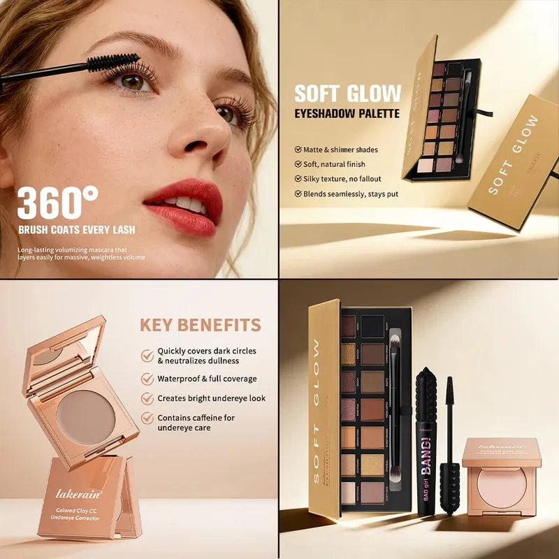 3ks/set CC Full Coverage Color Corrector Glow Palety očních stínů Volumizing Mascara Lasting Beauty Eyes Makeup Kit — image 5
