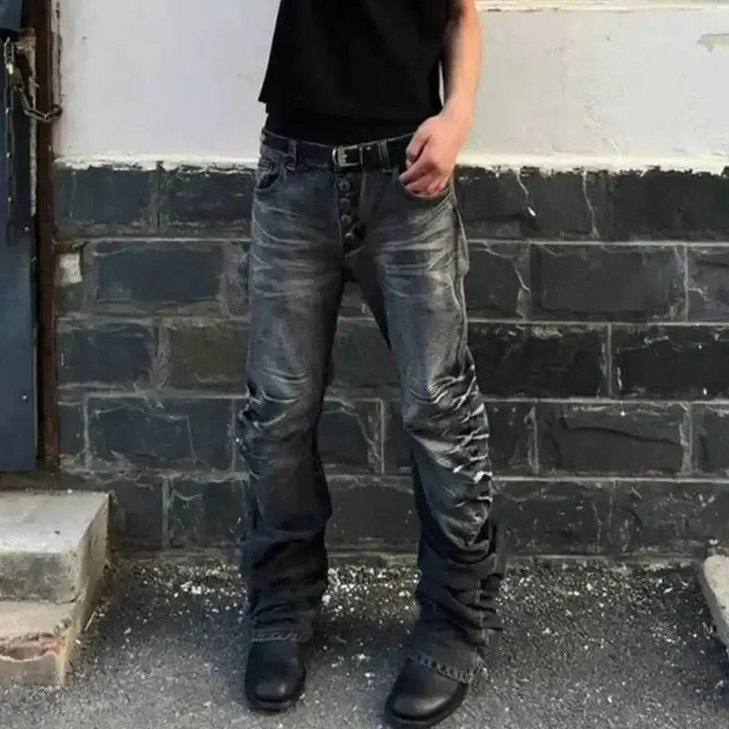 American Style Men's Denim Pants Washing Button Design Pleated Loose Jeans Contrast Color Casual Male Bottom Vintage 4K5156