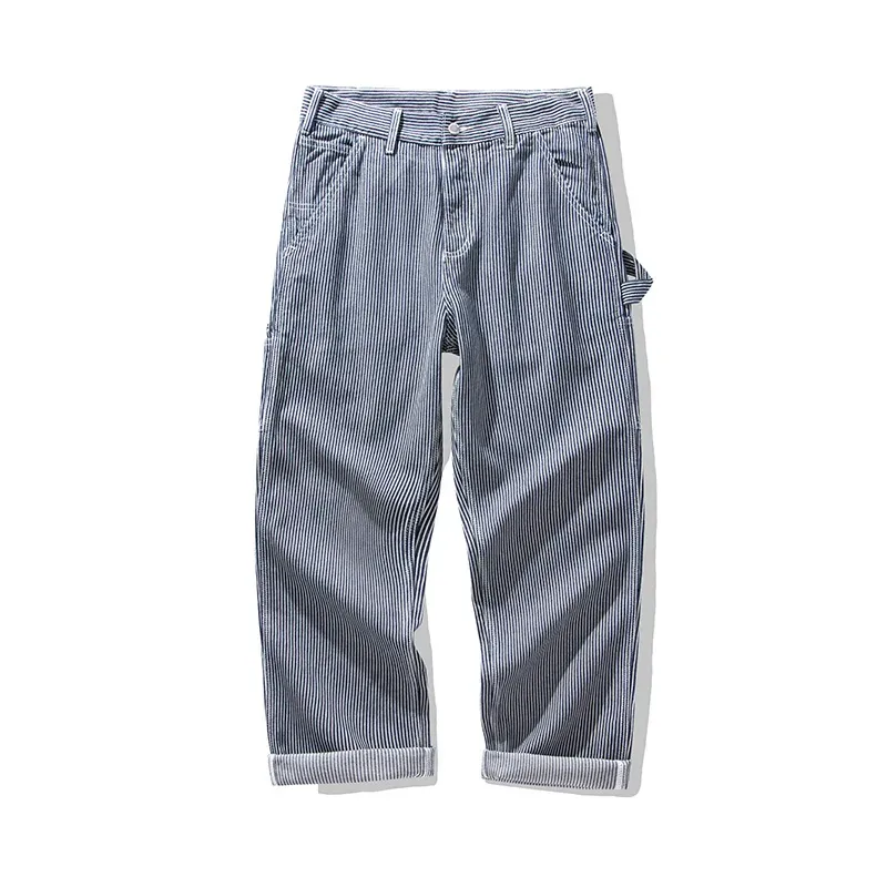 American Vintage Raw Denim Rail Worker Jeans - Americana Multi-Pocket Striped Work Pants / Outdoor Utility Trousers OKONKWO