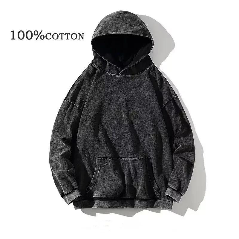 HAI Customizable Retro Washed Hoodies 100% Cotton Tops Black Acid Vintage Hooded Sweatshirts Oversize Hip Hop Male Pullover