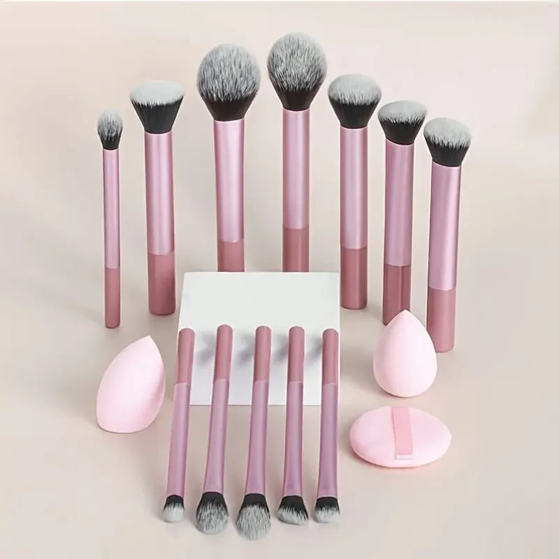 15pcs Makeup Brush Set Including 12pcs Multi-Functional Ultra-Soft Makeup Brushes And 1pc Angled Tear Drop-Shaped Beauty Sponge