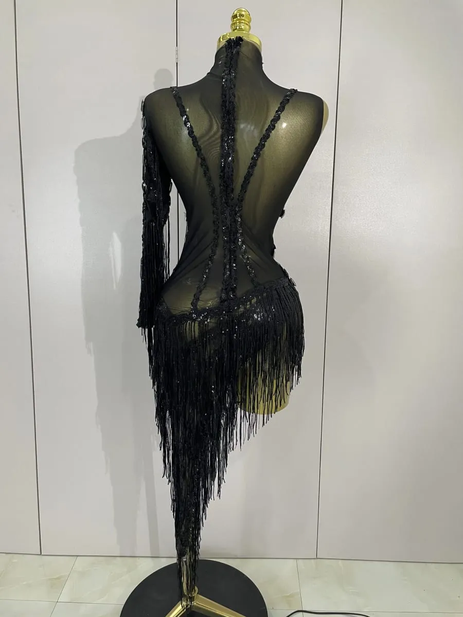 New Sparkly Rhinestones Tassel Sexy See-Through Dress Women One Shoulder Latin Dance Outfits Bars Nightclub Party Stage Costume