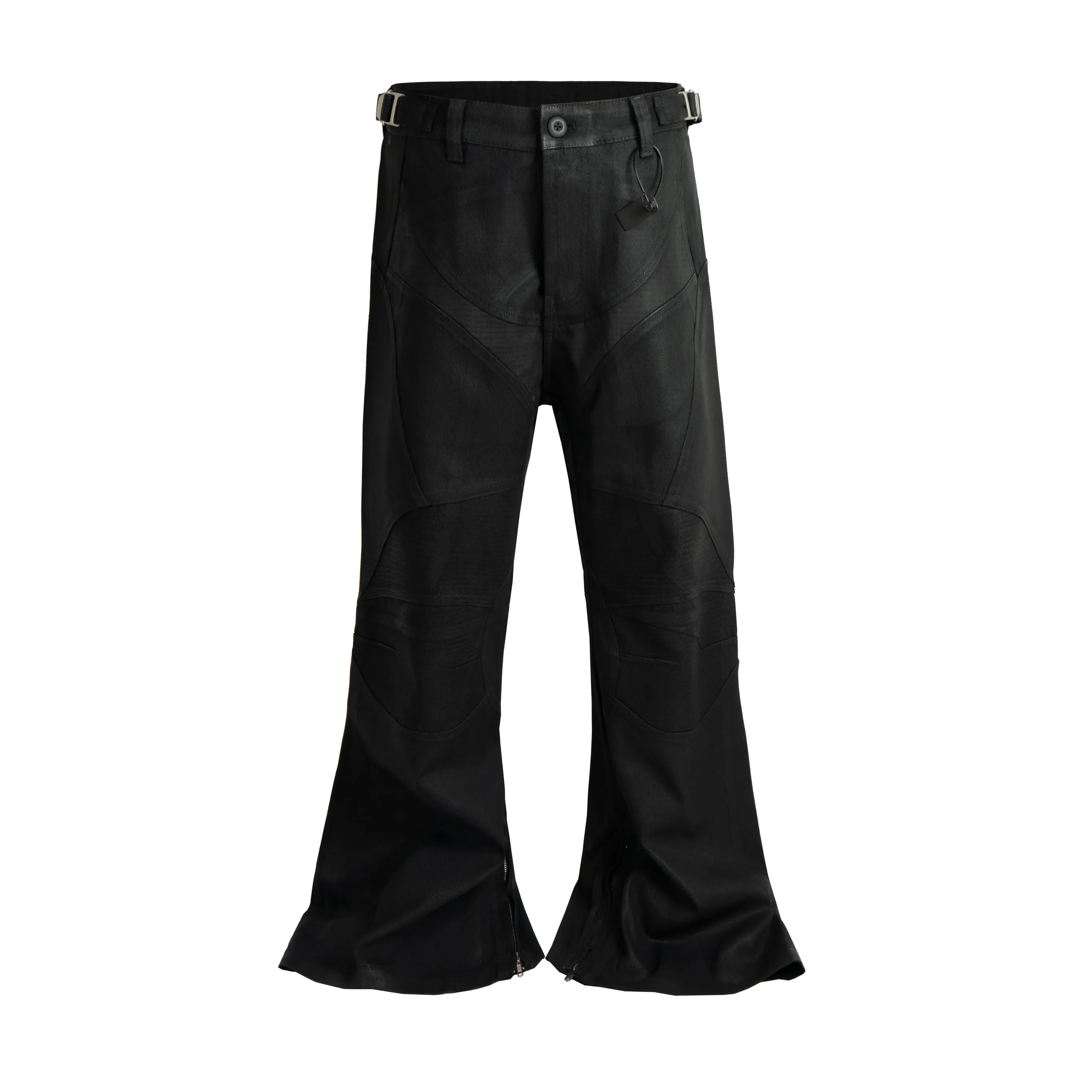 Techwear Style Waxing Coating Pleated Patchwork Punk Flared Jeans Man Waist Buckle Design Vintage Motorcycle Casual Pants — image 5