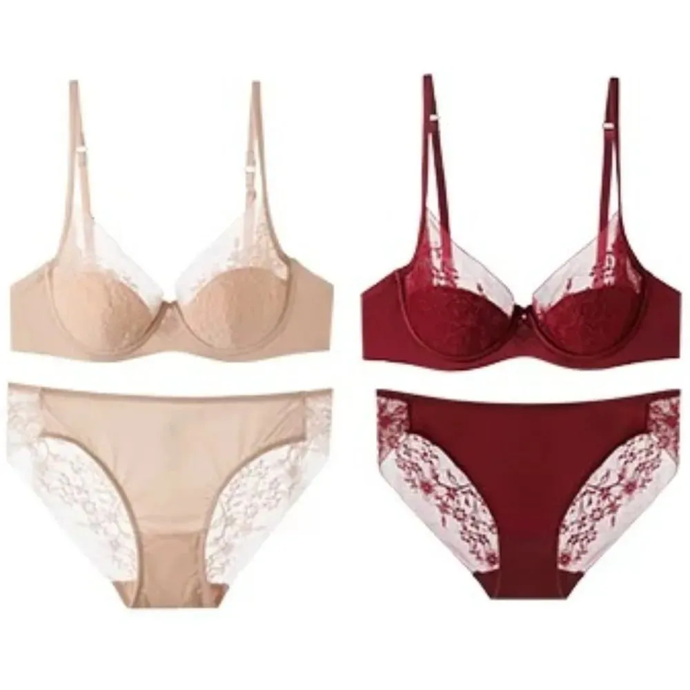 Bridal Festive Red Lace Intimates Kit Soft Underwire Thin Cup Push‑Up Support Lingerie Set For Small Bust 32‑38 Women Underwear