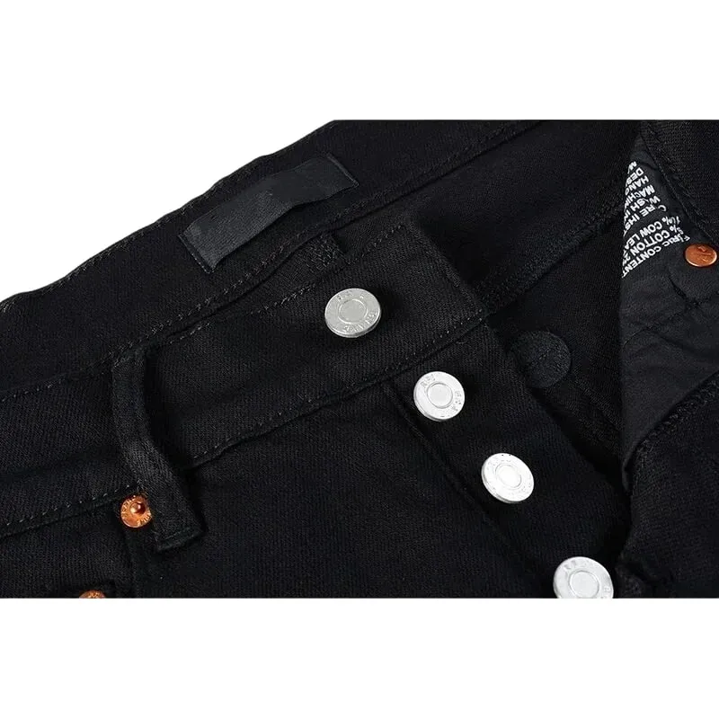 Men's Black Coated Slim Tapered Jeans Vintage Washed Slight Stretch Button Fly High Street Style