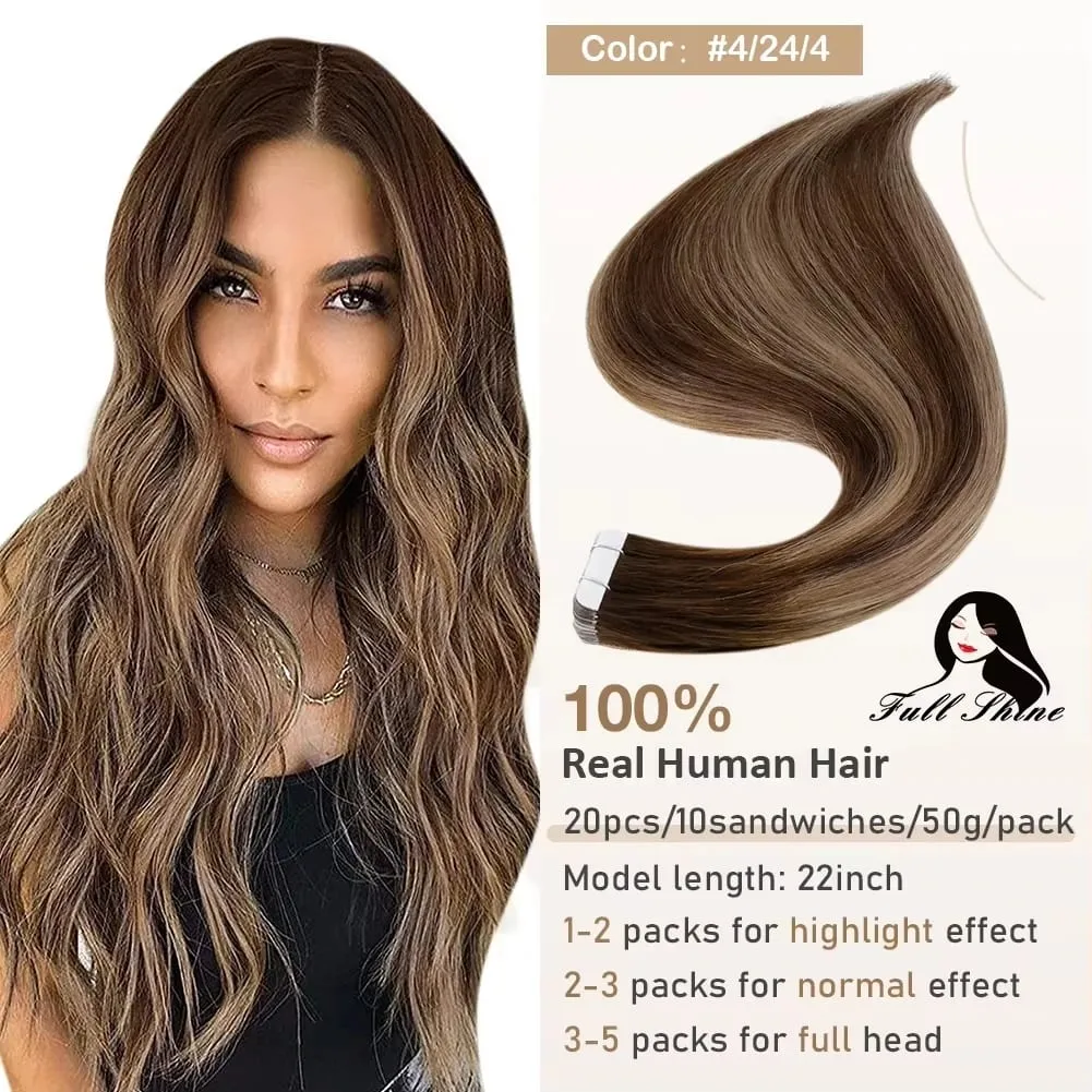 Full Shine Tape hajhosszabbításhoz 20 db Skin Weft Remy Straight Hair Ragasztó brazil hajra nőknek — image 18
