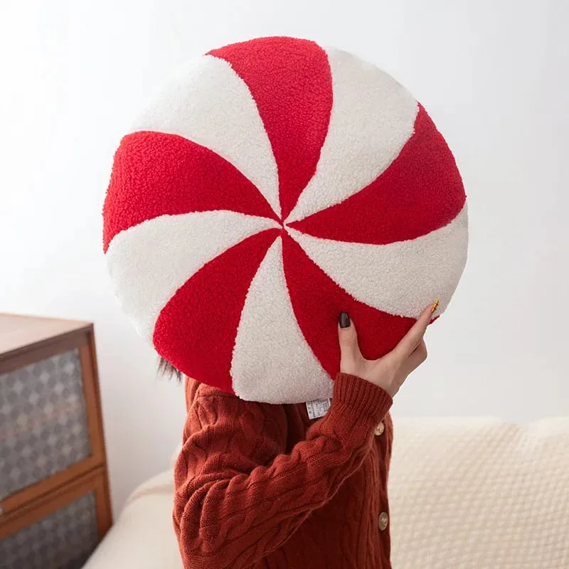 Christmas Day Plush Decor Pillow Stuffed Wreath Snowflake White Red Round Candy Soft Seat Cushion Party Prop Decor Gift