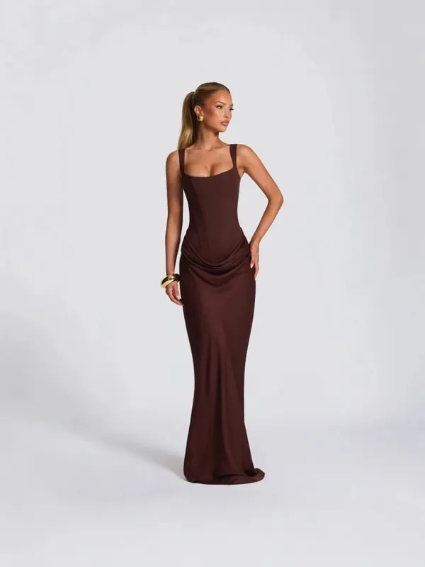 Cross-border primavera 2026 feminino fino ajuste fishbone cinta vestido longo cor pura bodycon vestido estilo sexy vestido sem ombros — image 9