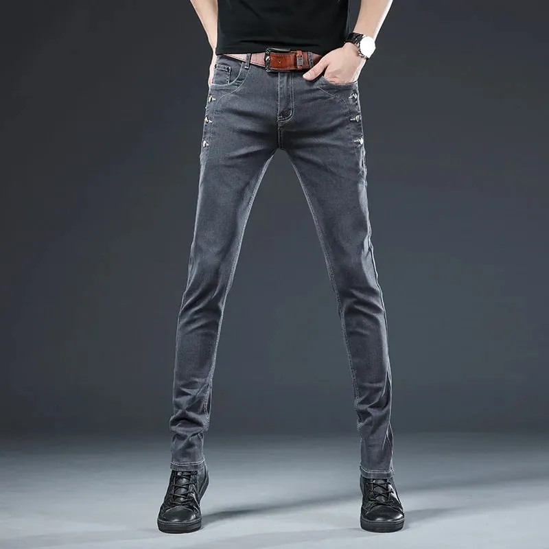 New Men Slim Button Black Skinny Jeans Solid Color Stretch Skateboard Multi-button Youth Male Denim Pants