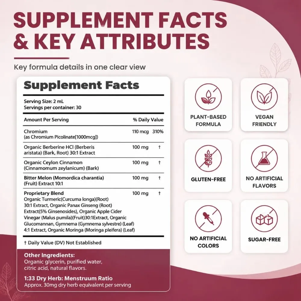Berberine Liquid Drops with Ceylon Cinnamon Bitter Melon Chromium Gymnema for Blood Sugar Glucose Metabolism Support 60ml — image 4