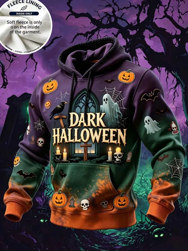 3D Print Halloween Fleece Hoodie Ghost Pumpkin Bat Spider Web Candle Graveyard Pullover Long Sleeve Kangaroo Pocket Sweatshirt