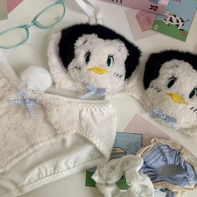 Lingerie invernale da donna con motivo panda a cartoni animati, reggiseno e mutandine in peluche peloso, biancheria intima per cosplay di anime giapponesi, scolaretta