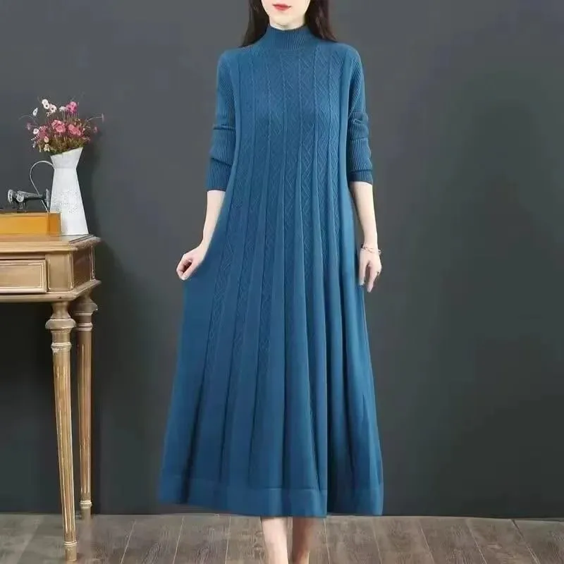 Autumn/Winter Women Knitted Dress 2025 New Solid Loose Pullover Half High Collar Long Knitted Sweater Dress Female High-Quality