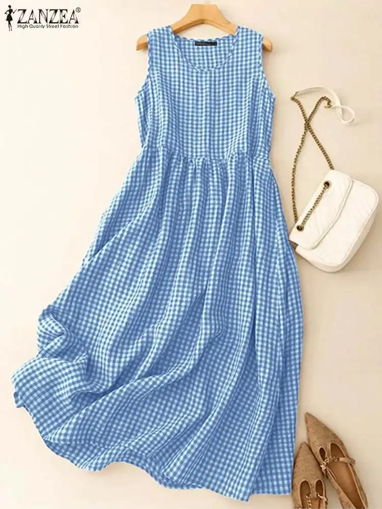 Summer Plaid Checked Sundress Sleeveless Bohemain Holiday Dresses Women Elegant O Neck Dress Casual Baggy Work Vestidos