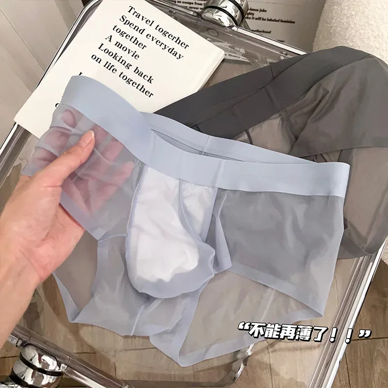 투명 남자 팬티 초박형 얼음 실크 빠른 건조 팬티 섹시한 U 벌지 주머니 남자 속옷 통기성 속옷 Cuecas