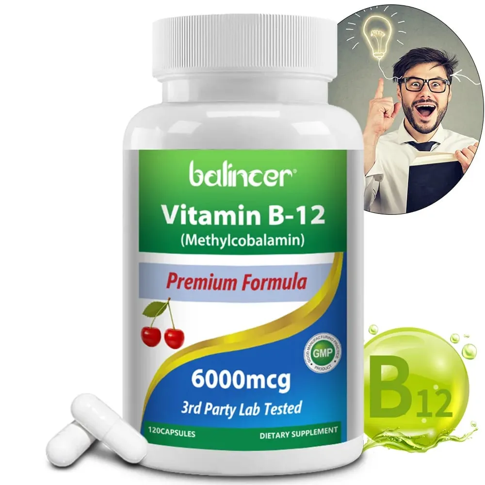 Vitamin B12 Supplement 6000mcg - Energy Brain Memory Mood Heart Function Nervous & Immune System Support 30/60/120 Capsules