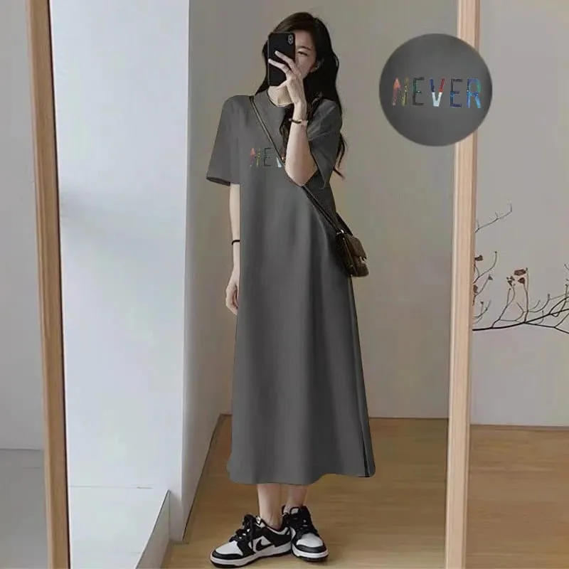 Summer Oversized Women Long T Shirt Dress White Round Neck Color Letter NEVER Print Casual Side Split Maxi Dress — image 6