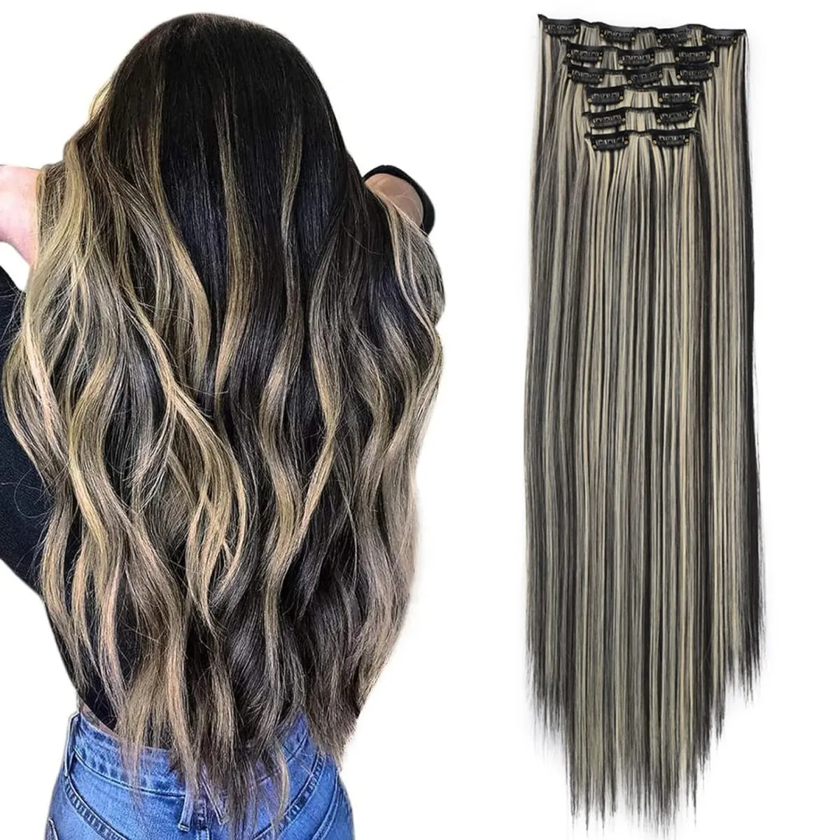 Synthetic Clip In Hair Extensions 6PCS Hair Extensions 24 Inch Long Straight 16 Clip On Hairpieces For Women Girls