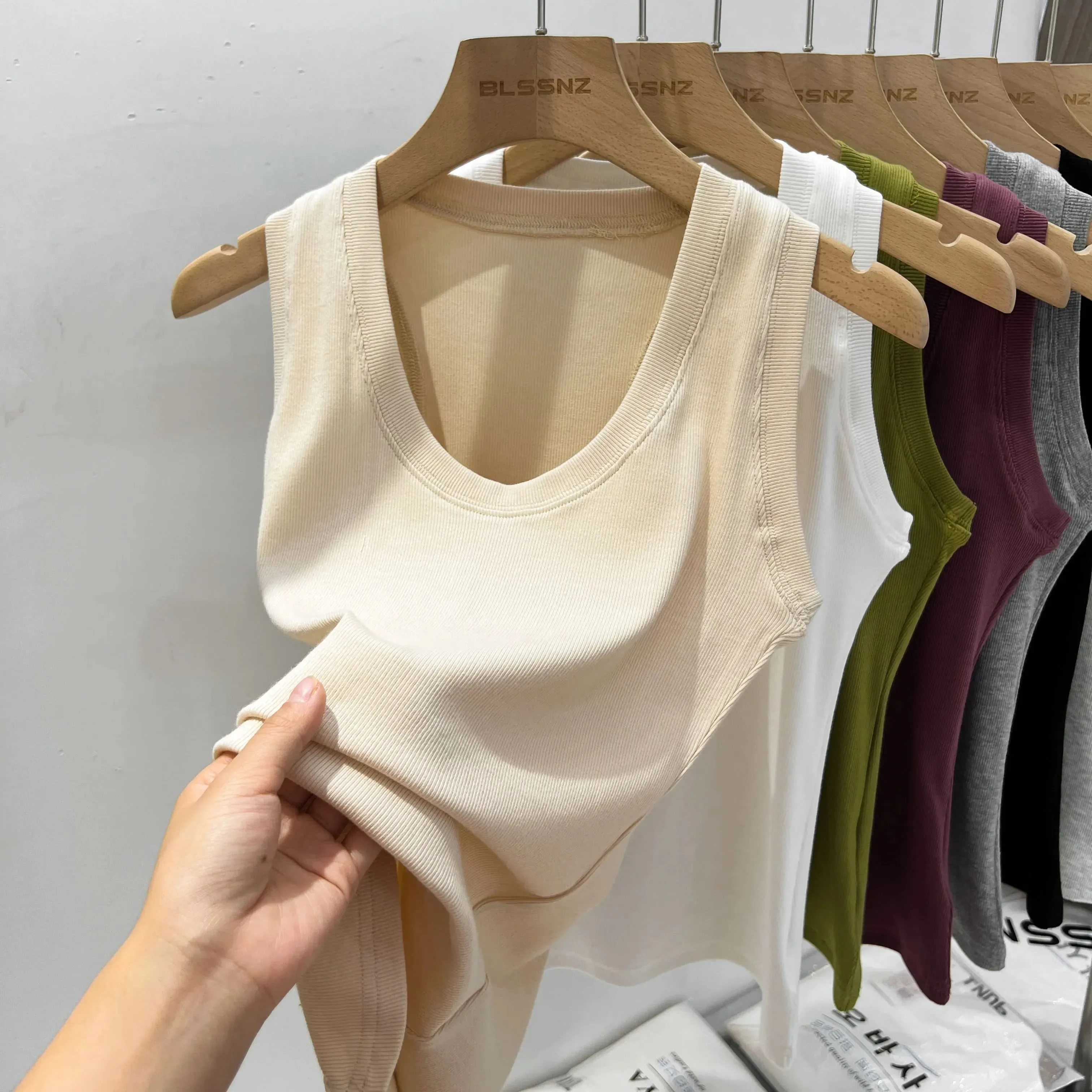 2026 Women Solid Low Round Neck Ribbed Camisole Summer Basic Elastic Tank Top Korean Style Versatile Slim Tanks & Camis