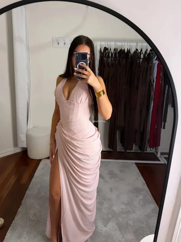 Women Sexy Solid Pleated Strapless Dress Lady Chic Off-shoulder Backless High Waist Split Dresses 2026 Summer Evening Party Gown
