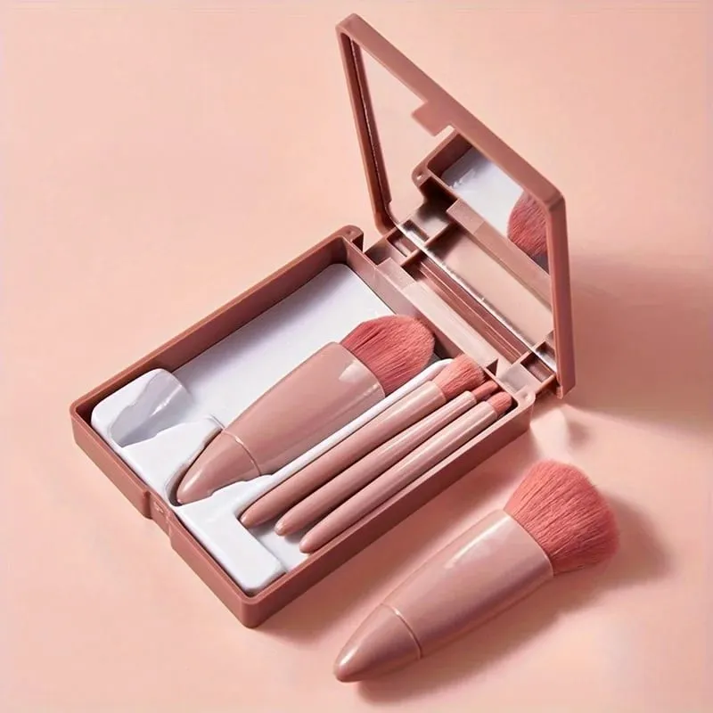 5pcs Mini Makeup Brush Set with Mirror - Multifunctional Travel Cosmetic Brushes Unscented Palm Brush Design Makeup Tools