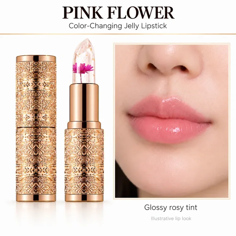 Crystal Flower Jelly Lipstick Color Changing Clear Lip Tint Glossy Pink Finish Gold Case 3 Flower Colors for Everyday Makeup