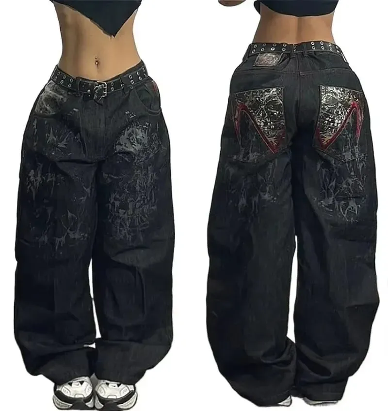 90s Gothic Centipede Embroidery Washed Oversized Wide-Leg Pants Jeans Men Y2K New Harajuku Punk Hip-Hop Rock Couple Street Wear