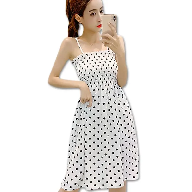 ฤดูร้อนมินิเดรสแฟชั่นหญิง Elastic High เอว Casual สปาเก็ตตี้สายคล้องคอผู้หญิงชุดชีฟอง Vestidos