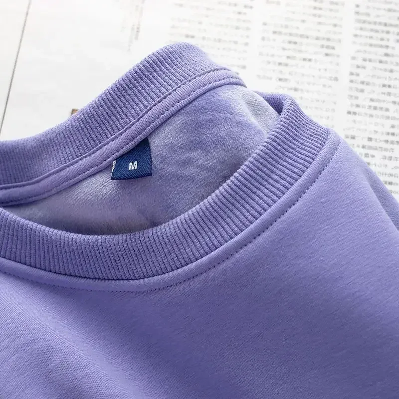 600G Cotton Plush Thickened Sweatshirt Thin Plush Heavyweight Solid Round Neck Sweater Autumn Winter Warm Sweater — image 10