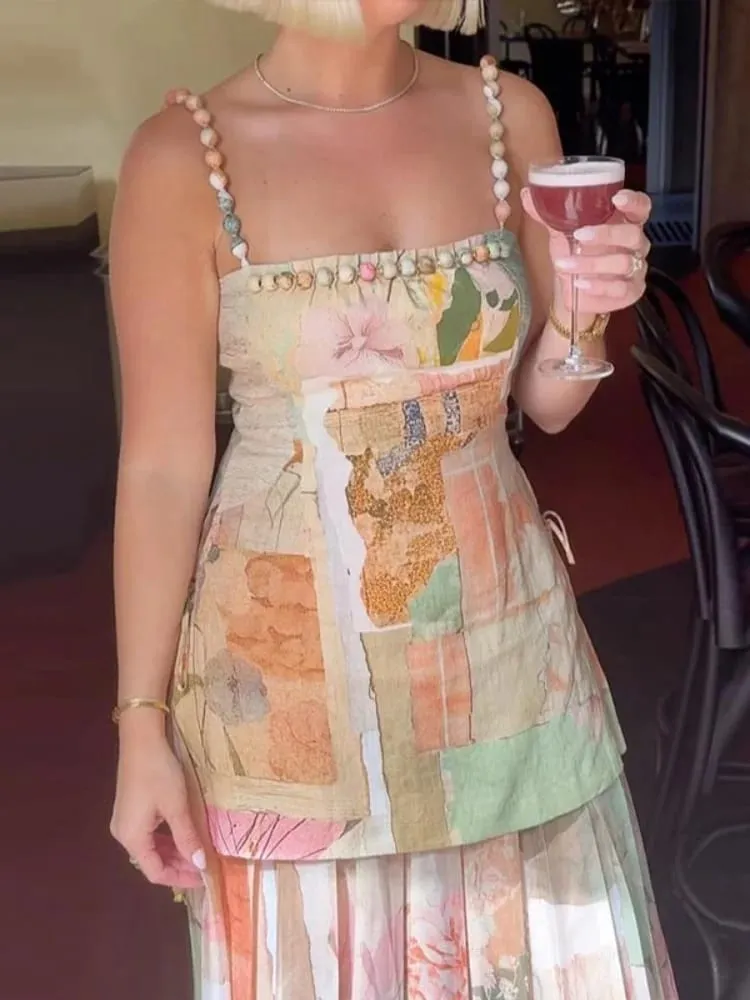 Vintage Women's Printed Beaded Sling Long Dresses Set Lace Up Slit Sleeveless Pleated A-line Dress 2026 Lady Beach Vestidoes