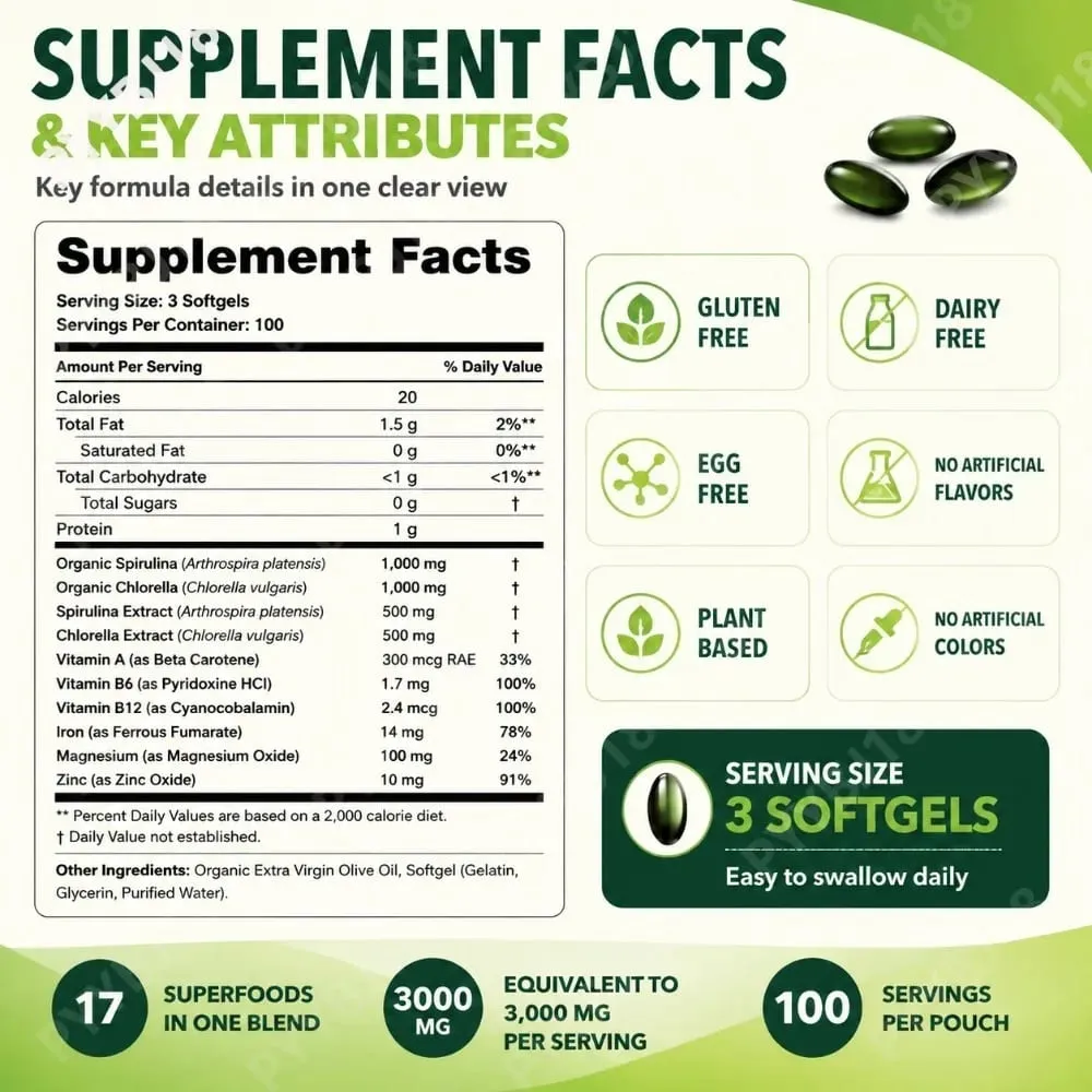 Solo Tree Spirulina Chlorella Softgels with Organic Microalgae Vitamin B6 B12 Digestive Balance & Immune Support 300 Softgels — image 4