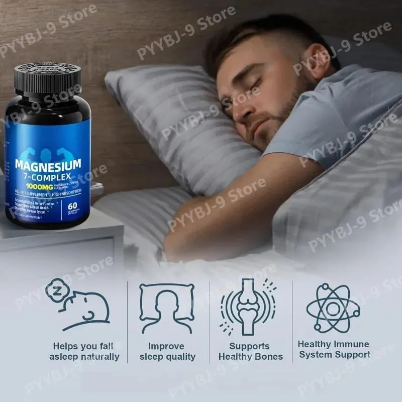 Magnesium-7-Komplex-Ergänzungsmittel mit Glycinat-Citrat-Malat-Chelat-Zink-Vitamin D3 B6 zur Linderung der Schlafmuskulatur, 60 Kapseln