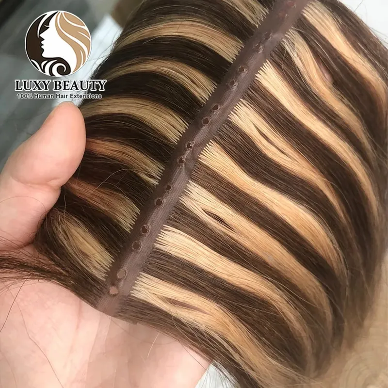 Blonde injected Hole Weft Human Hair Extensions Straight Twin Tab Butterfly Weft Natural Invisible Brown Hole Weft Extensions — image 11