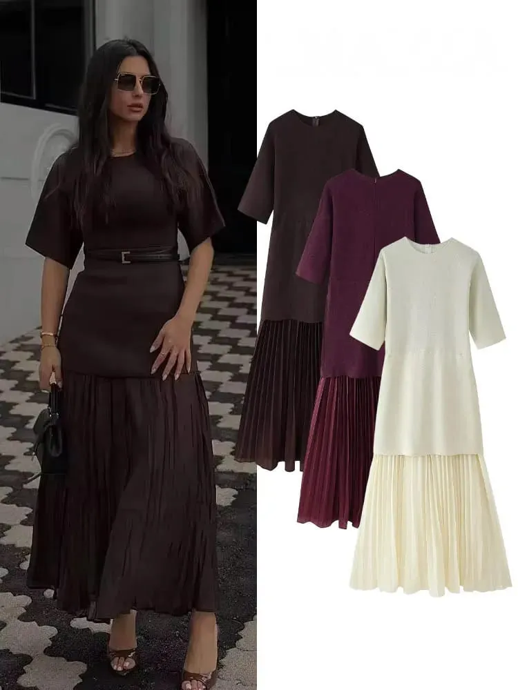 HH kobiety eleganckie pół rękawy O-kołnierz plisowana sukienka wiosna kobieta tylny zamek błyskawiczny łączenie Vintage w stylu Casual, długa sukienka z dzianiny — image 3