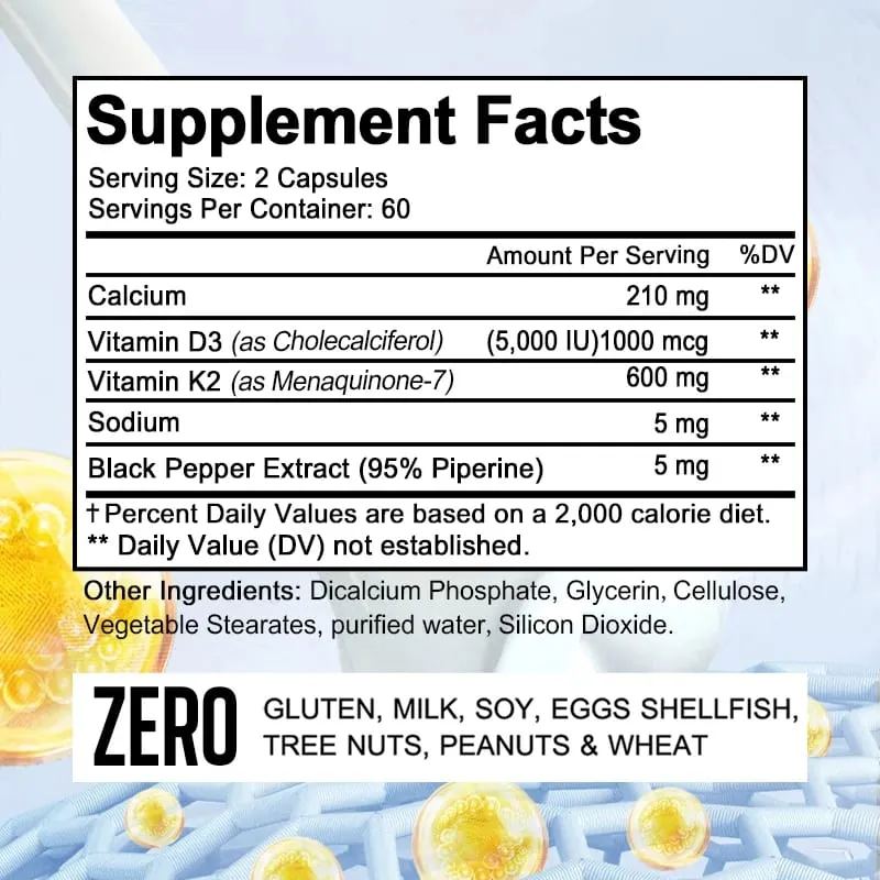 Bcuelov Vitamin D3+K2 5000 IU Vitamin D3 non-GMO formula easy-to-swallow vitamin D and K complex dietary supplement