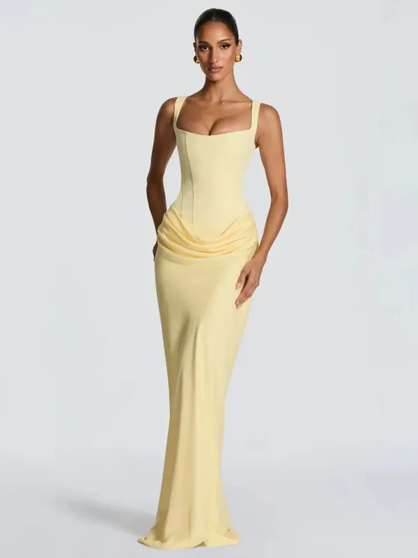 우아한 노란색 Strapless Pleated 롱 드레스 여성 세련된 솔리드 민소매 허리 Cinching 분할 가운 2026 레이디 이브닝 파티 가운