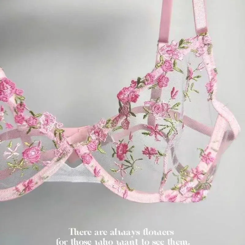 European Women Alluring Sheer Lace Embroidery Underwire Bra Big Bust Support Minimize Anti‑Sagging Soft Lingerie S‑XL Bra Set