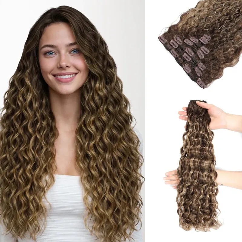 12A Curly Clip in Hair Extensions Brown Water Wave Real Remy Human Hair Clip in Extensions for Women Curly Clip Ins 7pcs 120g