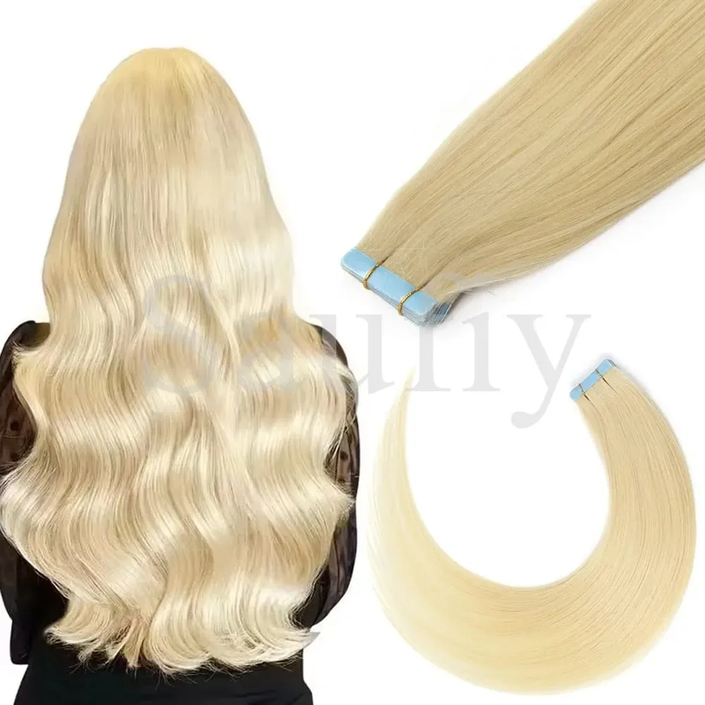 Blonde gerade Tape-In-Haarverlängerungen, Echthaar, 20 Stück/Packung, gerade, natürliches Schwarz, Blond, Braun, Tape-In-Haarverlängerungen, 12–20 Zoll, nahtlose doppelseitige Hauteinschlag-Tape-In-Haarverlängerungen für Frauen