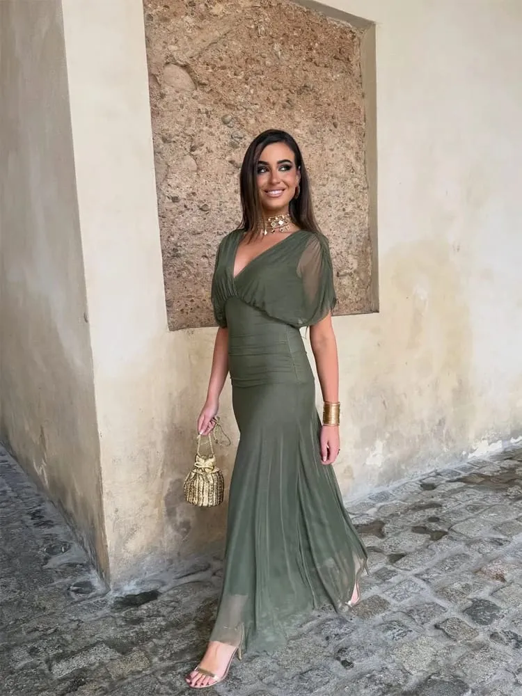 Kvinder Solid Dyb V-hals Mesh Lang Kjole Elegant Puff Kortærmet Rynket Talje Høj Vestidos 2026 Summer Lady Casual Street Robe