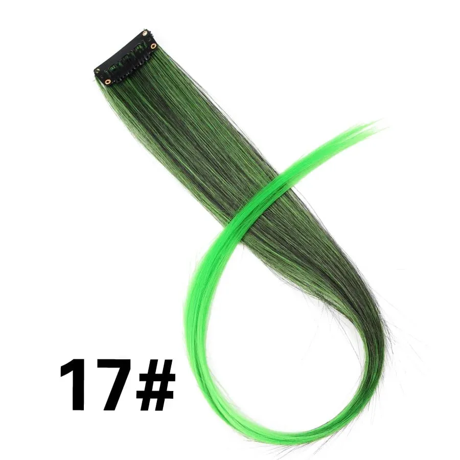 Lige farvet hårstykke Hair Extensions Clip In Highlight Regnbuehår Pink Blå Lilla Syntetisk på klips til kvinder piger — image 23