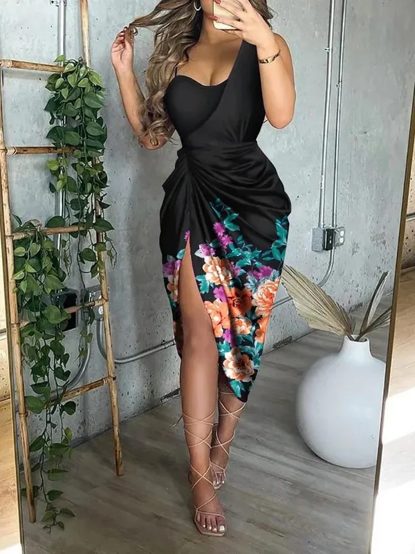2026 Summer Women Sexy Dress One Shoulder Irregular Office Lady Smocked Slit Fashion Sequin Sewing Slim Fit Party Skirt