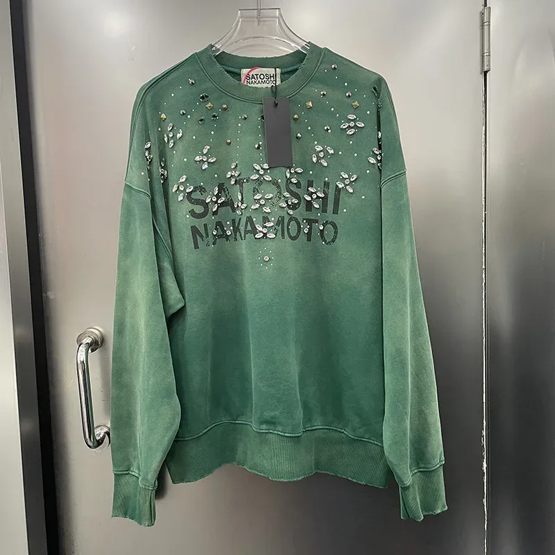 26FW Heavy Fabric Cotton Loose Rhinestone Rivet Satoshi Nakamoto Sweatshirts Men Women Vintage Charcoal Gray Green Pullovers