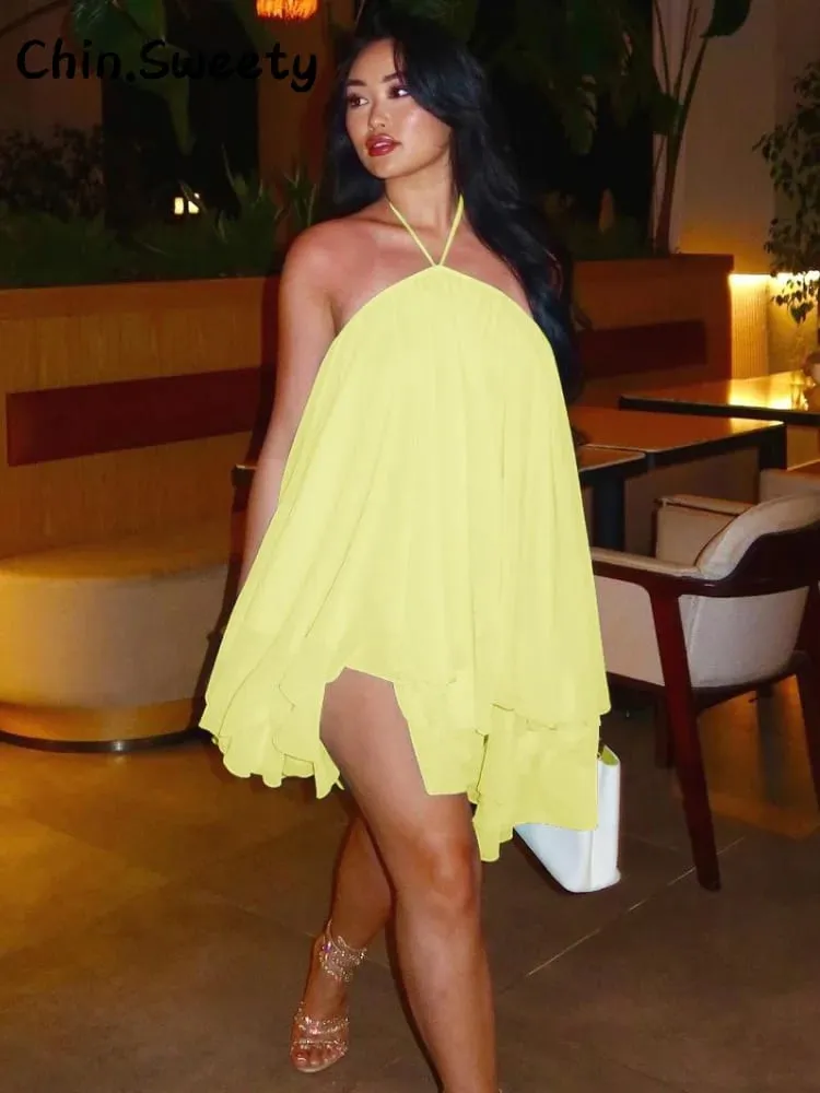 Elegant Halter Ruffles Short Dress Women Loose Solid Strapless Sleeveless Backless Dresses 2026 Spring Lady Beach Vacation Robes