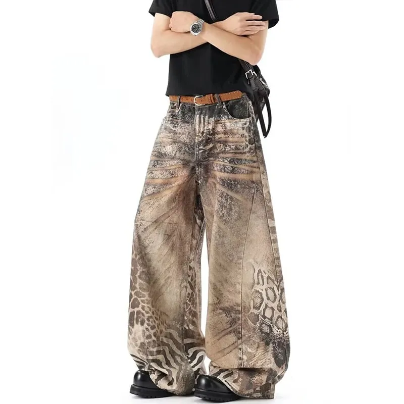 Washed Brown Distressed Leopard Printed Loose Men's Jeans Streetwear Casual Wide Leg Denim Long Pants Summer New