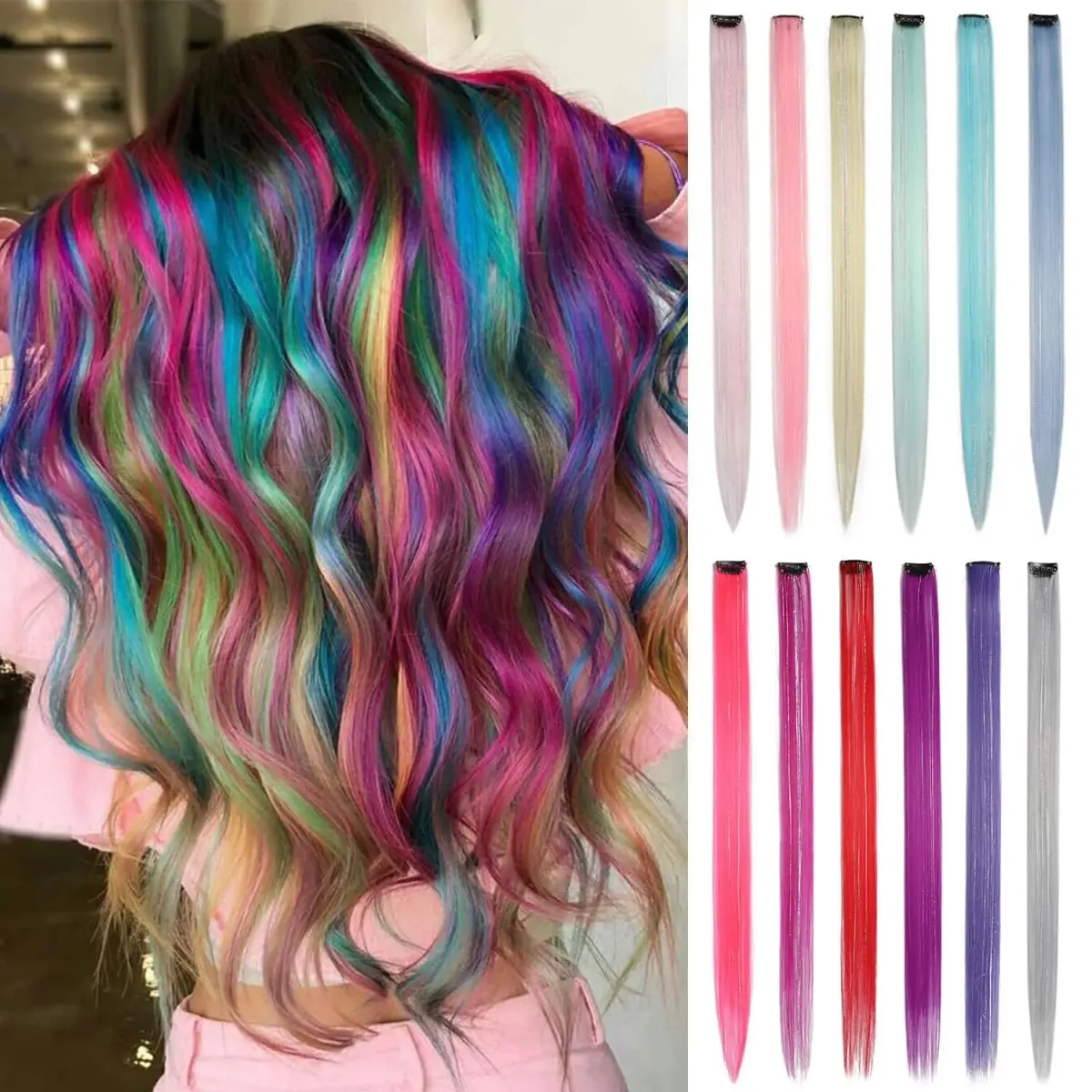 6pcs/pack Colored Party Highlights Clip in Hair Extensions 22 inches Multi-colors Straight Hair Synthetic Hairpieces