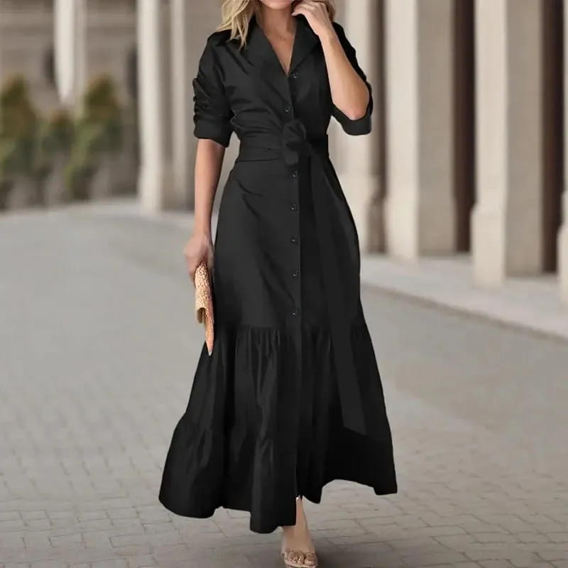 Spring Summer New Women's Long Solid Color Shirt Dresses Versatile Elegant V Neck Lace Up Cinched Waist Single Breasted Dress — image 6